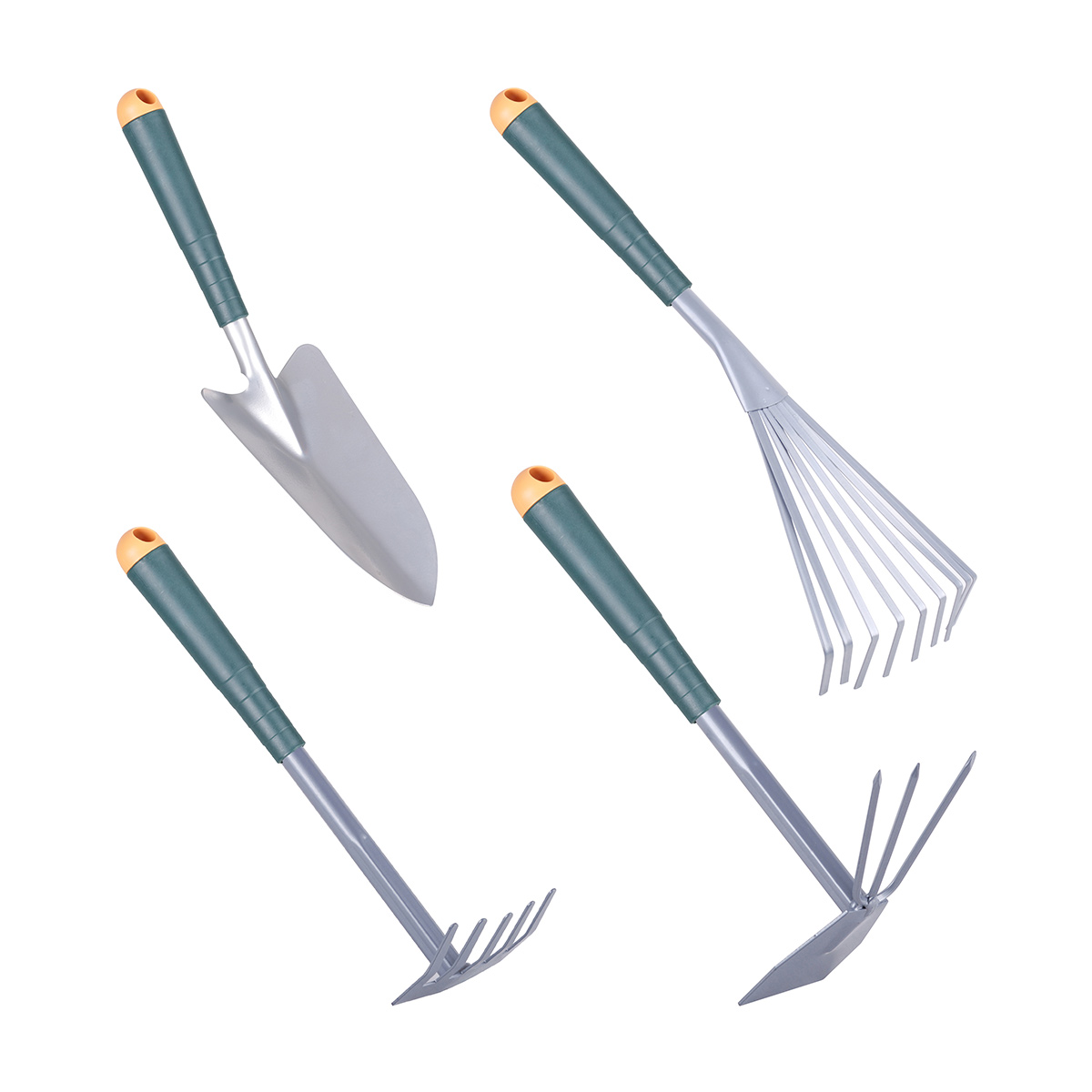 Lot de 4 outils de jardinage en alu : pelle, râteau, ramasse feuilles et la serfouette 2 en 1