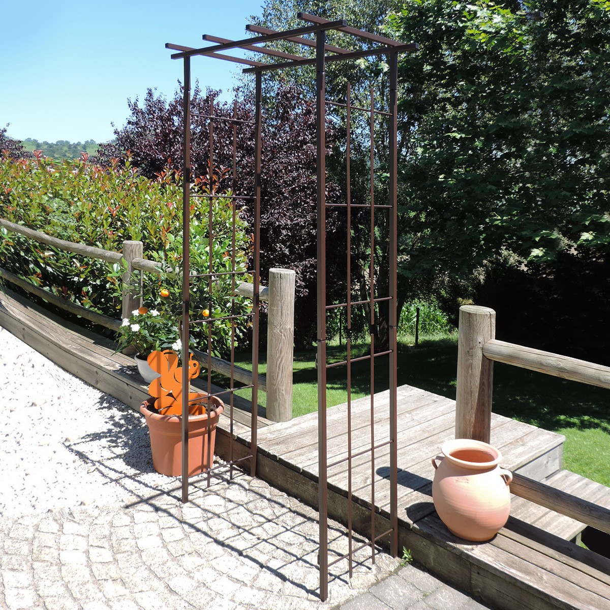 Arche de jardin pergola en fer vieilli tubes carrés petit modèle + 4 supports poteaux à enfoncer