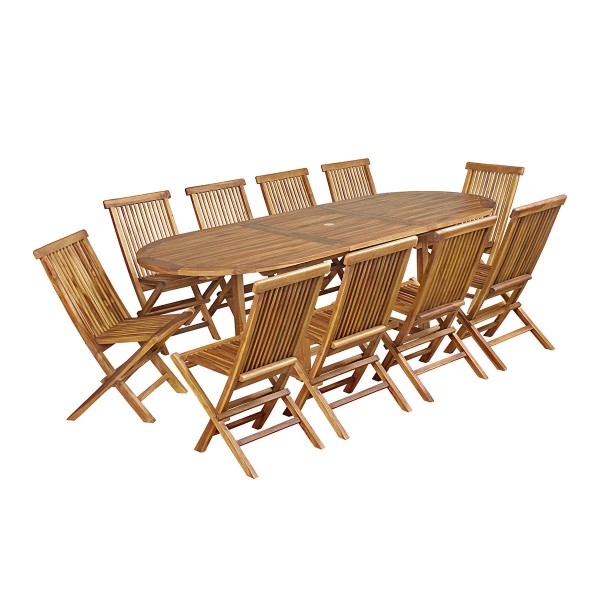Salon de jardin en teck grade C Lombok : table ovale + 10 chaises